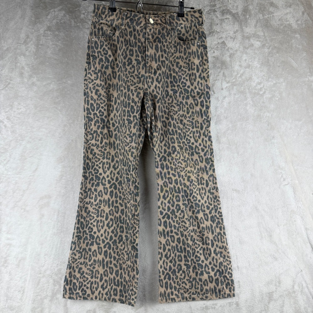 Girls Leopard Print High Waisted Flare Leg Pants Tan Black Animal Trousers